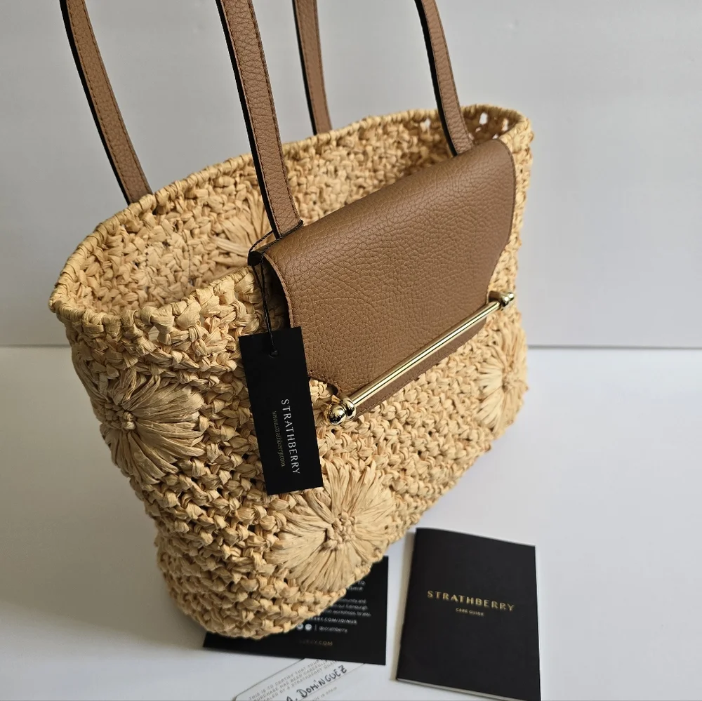 Strathberry Floral Raffia Basket Tote Straw Tan - Picture 7 of 15
